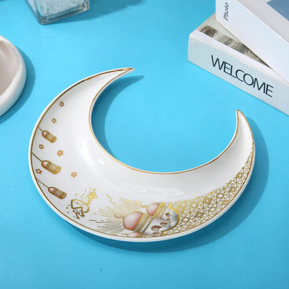 Liying Crescent Moon Iftar Food Serving Tray 24CM (B), Ramadan ceramic Platters Table Decor for Breakfast Dinner Dessert Pastry Display Holder Decoration