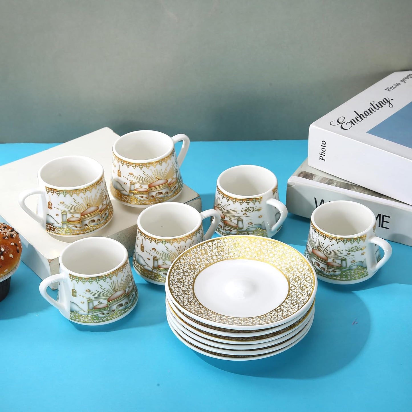 Liying 12pcs Ramadan Design Porcelain Turkish Coffee cups(6) and Saucer(6) Set with saucer Dishwasher safe and good for Gatherings, Wedding, Parties