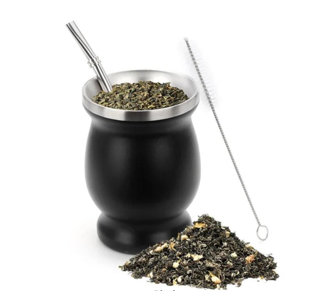 Liying Stainless Steel DoubleWall Mate Cup And Bombilla Set Yerba Mate set Includes One Yerba Mate Cup, 2 Bombillas Mate Straw and Brush black Cups