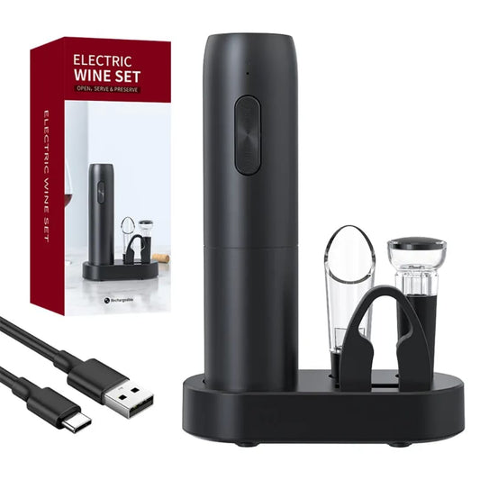 Liying Electric Wine Opener Set, Rechargeable Electric Corkscrew Wine Opener With Charging Base, Foil Cutter, Wine Aerator And Vacuum Stopper, Gifts For Wine Lovers, Black Barware Tool